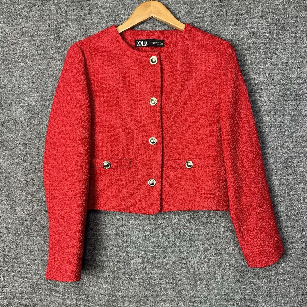 Zara Red Boucle Textured Tweed Blazer Jacket Size Small Old Money Classy Preppy